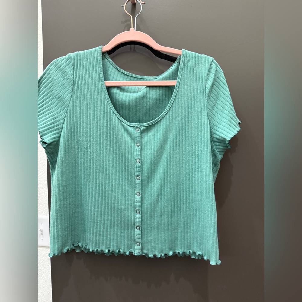 American Eagle Outfitters Teal Ribbed Button-Down Shirt